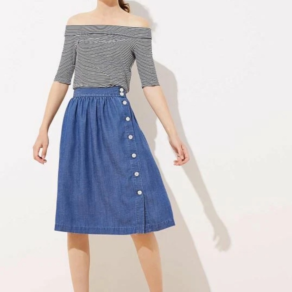 LOFT Blue Button-Front Denim Midi Skirt - Picture 1 of 12